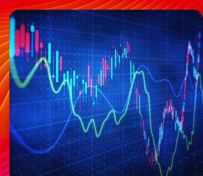 A candlestick chart visualizing stock market trends and volatility, with a moving average line overlayed.