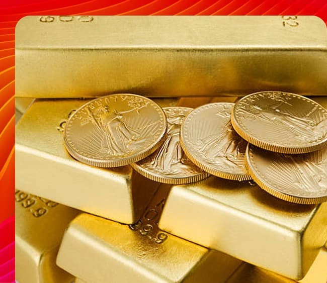 Stack of gold bars with American Eagle gold coins on top.